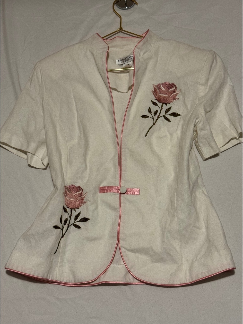Miss Dorby Vintage Linen Blend Rose Embroidered Mandarin Collar Top Sz10